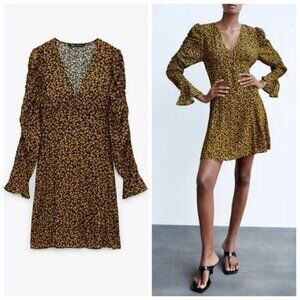 Zara Womens Floral V Neck Dress‎ Long Sleeve Black & Yellow - Size Small